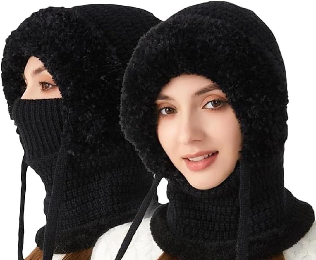 3 in 1 Beanie Hat for Women,3 in 1 Beanie Hat with Scarf and Mask, Winter Warm Knitted Ski Scarf and Mask Set (Black)