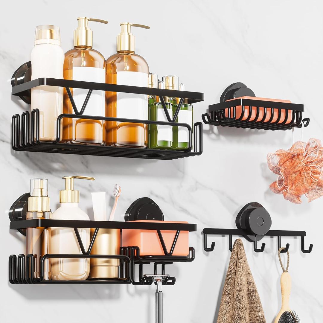 KEGII Shower Caddy Suction Cup, 4 Pack Suction Shower Shelf with Towel Rack No Drilling, Removable Shower Organizer with Hooks & Soap Holder, Space-Saving Bathroom Storage (Black)