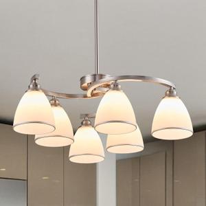 6-Light Brushed Nickel Chandelier Modern Farmhouse Dinner Room Light Fixture with Frosted Glass Lampshade, Rustic Round Adjustable Ceiling Pendant Light for Living Room, Over Table, Kitchen Island