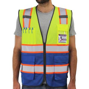 Dib Safety Reflective Mesh Vest High Visibility Two Tone with Pockets and Zipper, Yellow and Blue Mesh with Orange Trim M