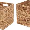 Water Hyacinth Woven Wicker Storage Baskets - 12x12x12inch Set of 2, Foldable Cubes for Shelves, Handwoven Laundry Totes for Bedroom