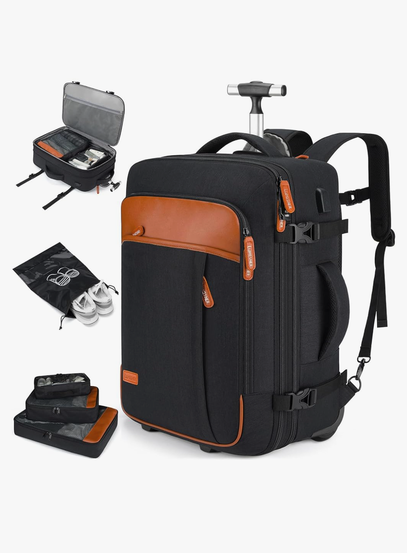 Lumesner rolling backpack, 17-inch water-resistant wheeled laptop backpack, carry-on luggage for business trips, overnight stays, or college use, a trolley suitcase for men and women, Black
