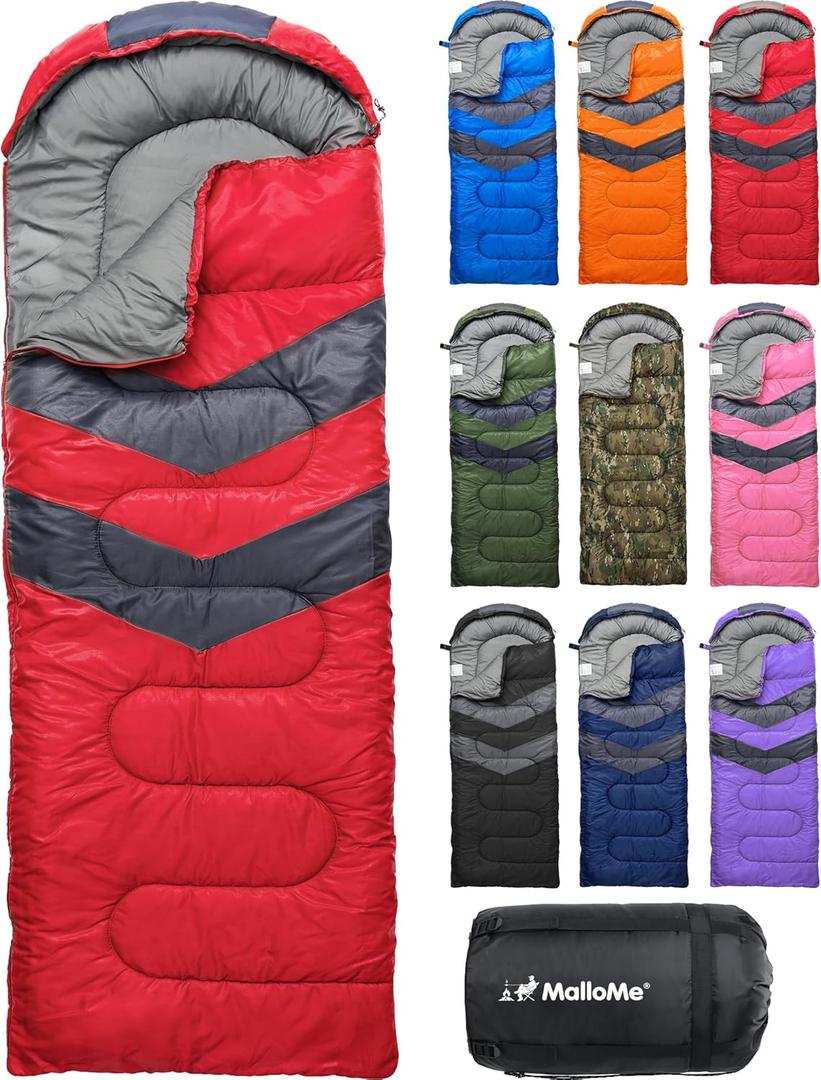 MalloMe Sleeping Bags for Adults Cold Weather & Warm - Backpacking Camping Sleeping Bag for Kids 10-12, Girls, Boys - Lightweight Compact Camping Essentials Gear Accessories Hiking Sleep Must Haves, Ruby Red