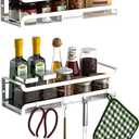Spice Rack Wall Mount with Hooks - Spice Racks Organizer for Cabinet Storage, Wall Mounted Hanging Shelf Seasoning Organizer, for Kitchen, Pantry Door, Bathroom (White, 2 Pack)