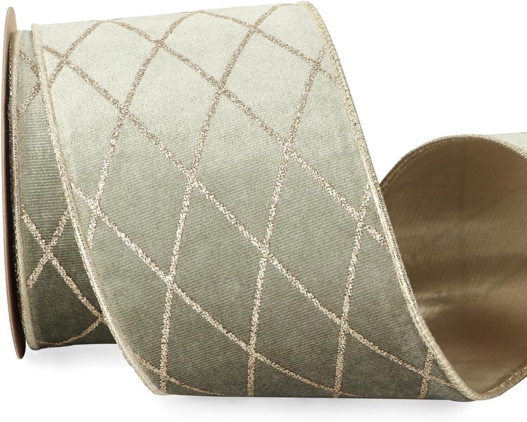 Ribbli Dusty Green Velvet Ribbon Wired with Glitter Diamond Grid 4 Inch Christmas Ribbon for Christmas Tree Decoration Big Bow Gift Wrapping Crafts Wreaths Garland Supplies - 10 Yards