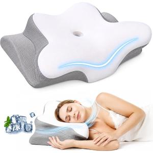Cervical Neck Pillow for Pain Relief, Memory Foam Contoured Orthopedic Pillow for Sleeping, Dual Height 5.5/3.7 Neck Shoulder Arm Support – Ergonomic Cooling Pillow Side Back Stomach Sleepers, Contour Standard