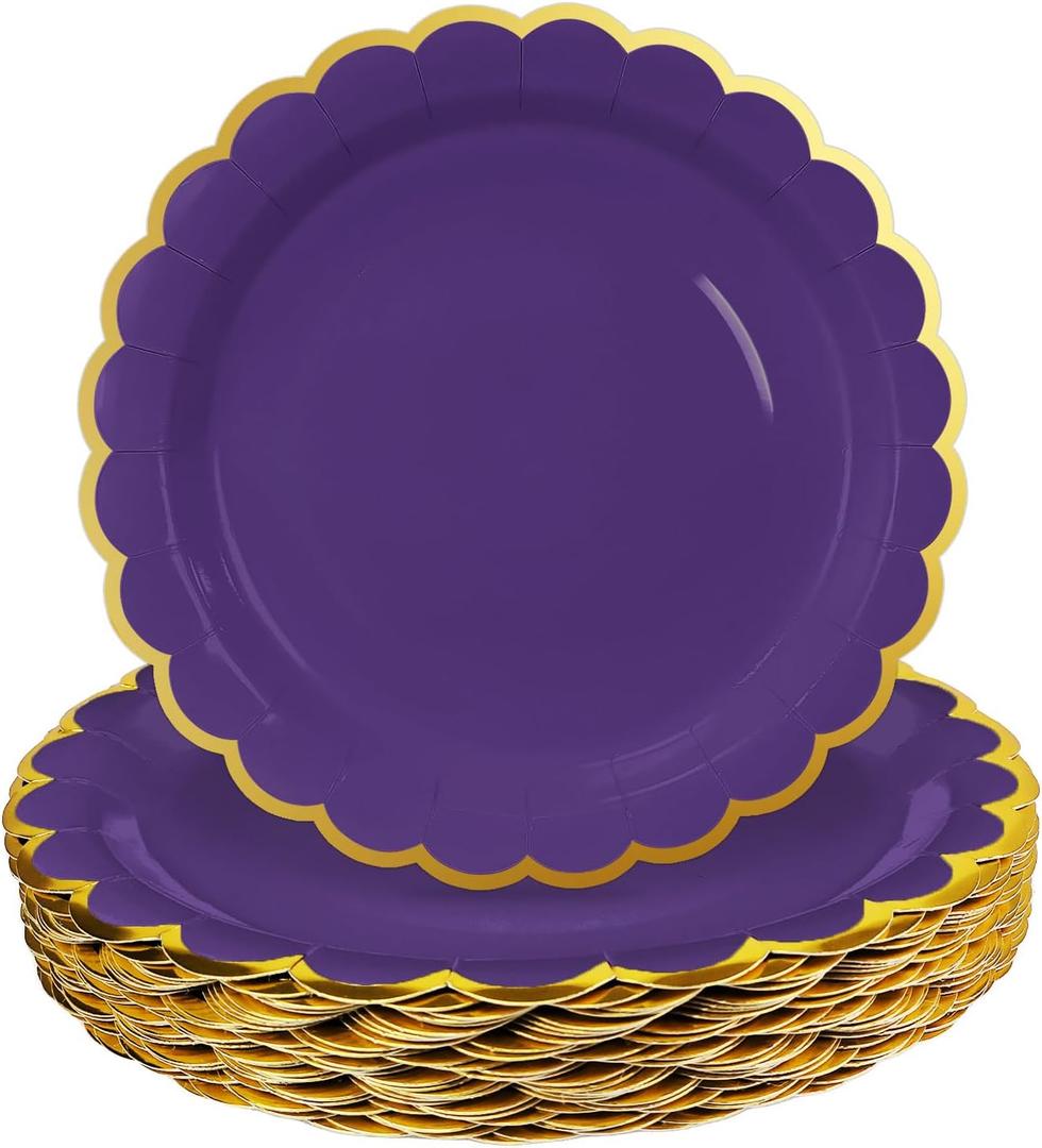HEIPINIUYE 50 Pieces Purple Paper Plates with Gold Foil 7 Inch Disposable Purple Scalloped Dinner Plates for Wedding Baby Shower Birthday Party Dessert Plate