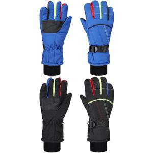 SATINIOR 2 Pairs Kids Waterproof Winter Snow Gloves Ski Gloves for Boy Girl Outdoor Warm Thickening Snowboar (6-10 Years, Black, Blue)