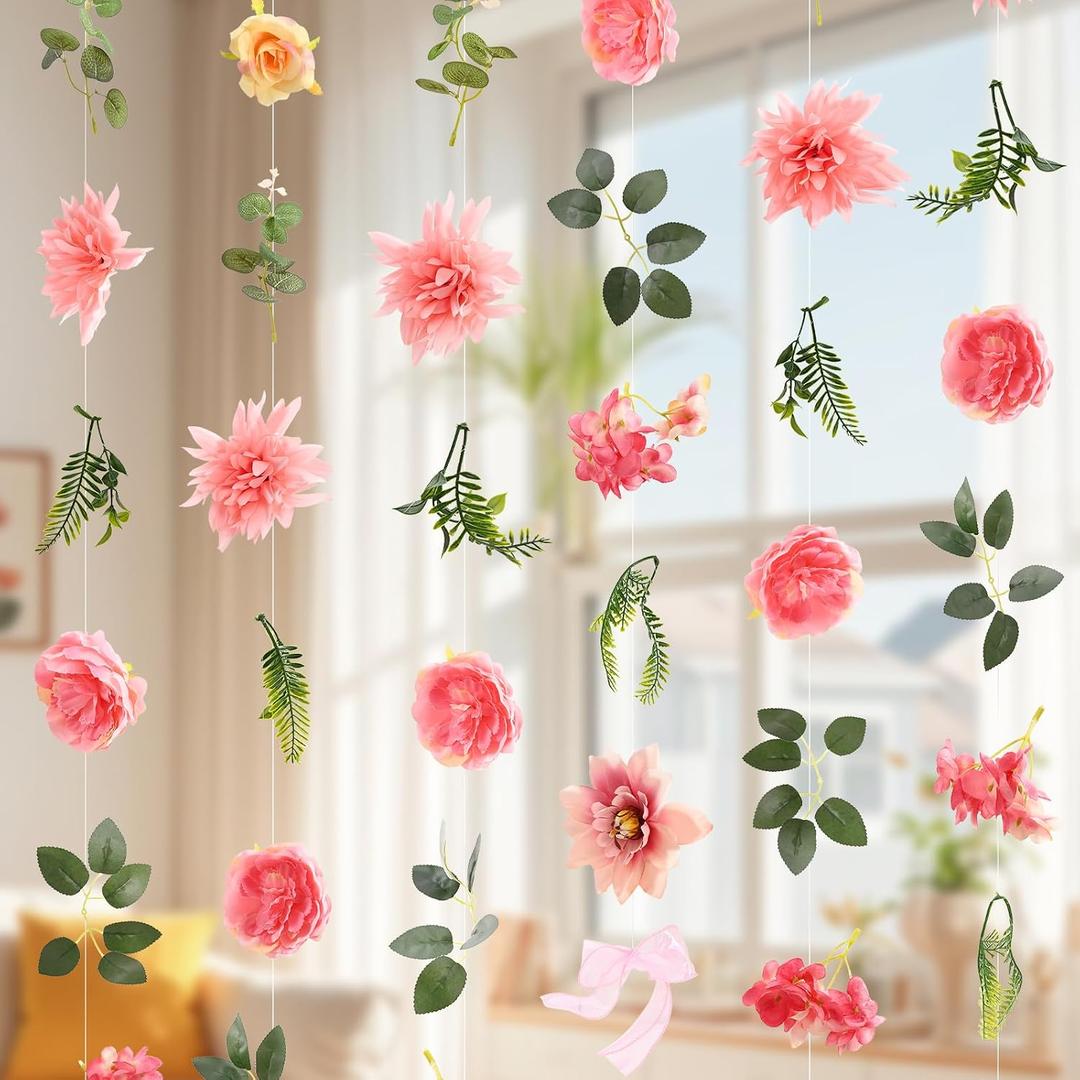 Livole 6Pcs 36Ft Hanging Flower Garland with Bow Pink Wildflower Garlands Backdrop Silk Rose Fake Floral Vines with Hooks for Spring Party Wedding Birthday Anniversary Arch Wall Garden Decor
