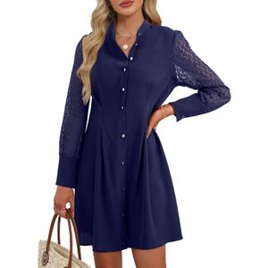 Happy Sailed Dresses for Women 2025 Elegant Classy Fall Winter Crewneck Lace Long Sleeve Button Slim A Line Mini Dress Navy Blue Large