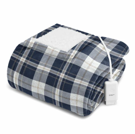 Sunbeam Microplush Sherpa Electric Heated Throw Blanket-Black/White Plaid 60×70"