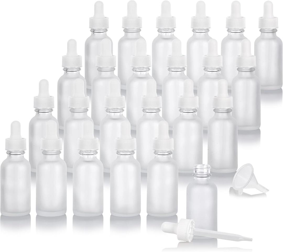 JUVITUS (22 pack) 1 oz Frosted Clear Glass Boston Round Bottle with White Dropper + Funnel