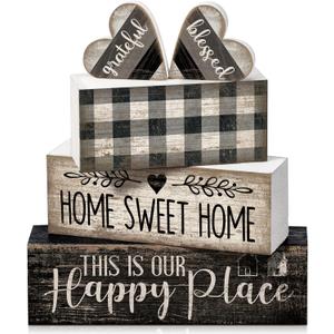 Moucuny 4 Pcs Farmhouse Kitchen Decor Black and White Farmhouse Tiered Tray Decor Home Sweet Home Centerpiece Wooden Heart Rustic Valentines Day Block Sign for Kitchen Shelf Valentines Gift Decoration