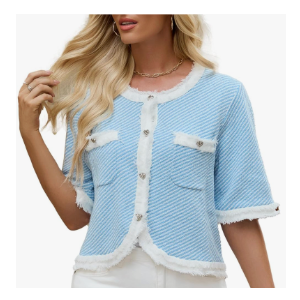 URBAN REVIVO Womens Short Sleeve Cardigan Trendy Crew Neck Button Down Lightweight Summer Sweaters Tops, Size 4