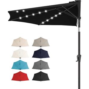 FLAME&SHADE 9 FT Solar Half Patio Umbrella with 25 LED Lights, Half Outdoor Umbrella with Button Tilt, Half Round Table Umbrella For Deck, Backyard, Balconies, Decks, Rvs, UV Protection (Black)