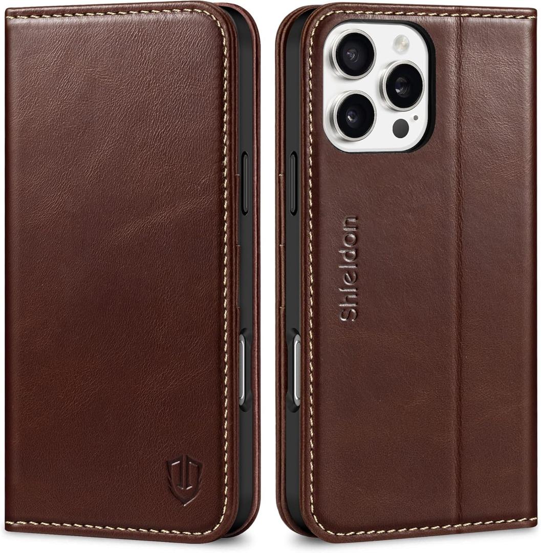 SHIELDON Case for iPhone 16 Pro Max 5G 2024, Genuine Leather Wallet Book Magnetic RFID Blocking Credit Card Holder Kickstand Shock Absorbing Case Compatible with iPhone 16 Pro Max 6.9" - Retro Coffee
