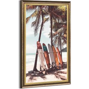 Coastal Canvas Wall Art Picture: Beach Scene Surfboard Framed Print Ocean Sea Surf Artwork Seaside Palm Tree Seascape Painting Decor for Bedroom Living Room 24" x 36"