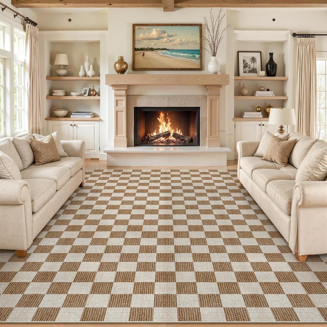LIVEBOX 9x12 Area Rugs for Living Room, Checkered Non-Slip Washable Rugs, Farmhouse Neutral Classic Geometric Large Boys Area Rug for Bedroom, Carpet for Living Dining Room Office(Brown,9'x12')