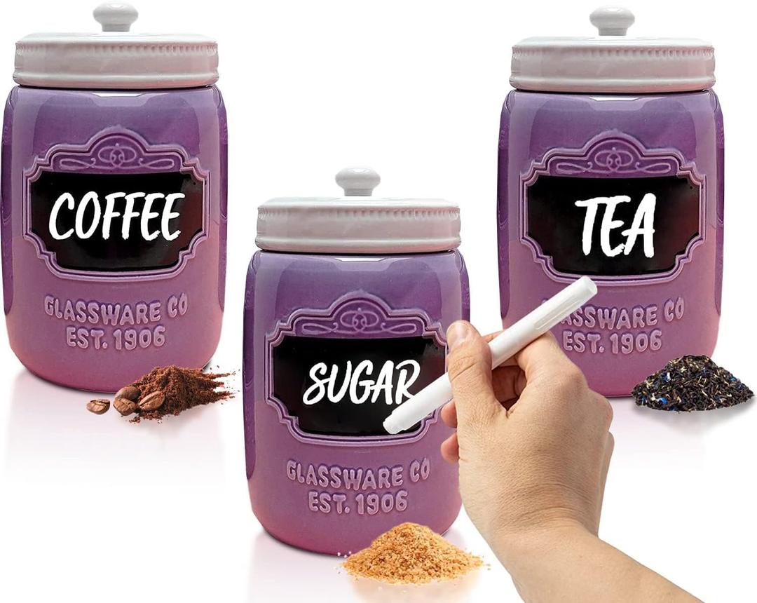 Mason Jar Ceramic Canister Set for Kitchen - Set of 3 Decorative Storage Containers with Air-Tight Lids for Coffee, Sugar & More - Country Style Storage w/Reusable Writable Surface - 12.85oz/Canister (Purple)