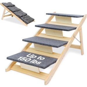 Folding Dog Ramp for Bed and Car - Transforms into Step Dog Stairs for Small, Medium, Large Breeds - Wooden Pet Stairs for Dogs to Get on Bed - Folding Pet Steps for Indoor & Outdoor Use
