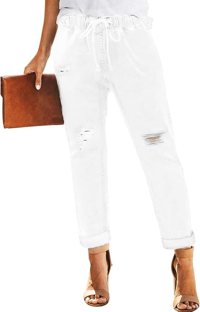 Womens Casual Denim Jeans Pull-on Stretch Jeans Elastic Waist Jean Denim Drawstring Joggers Pants (X-Large, Designed White)