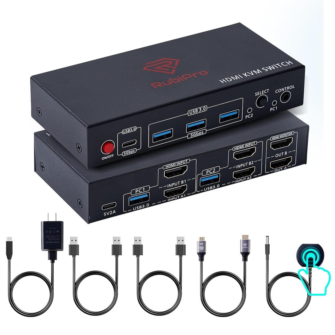HDMI KVM Switch 2 Monitors 2 Computers  Dual Display 8K@60Hz, 4K@120Hz, USB 3.0 Fast Data Transfer, Plug & Play for Windows/Mac/Linux with an Additional 8K HDMI Cable