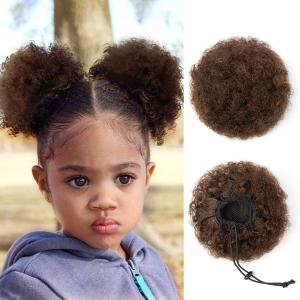 Afro Ponytail Small Afro Hair For Black Women 4Inch Dark Brown Afro Puff Drawstring Ponytail Human Hair 1 PIECES For Children Authentic And Stylish Hairpiece, Afro Curly Puff Style (Brown)