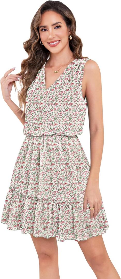 CYiNu Women's Mini Dress Chiffon V Neck Sleeveless Boho Floral Summer Dress(White-Green Pink, S)