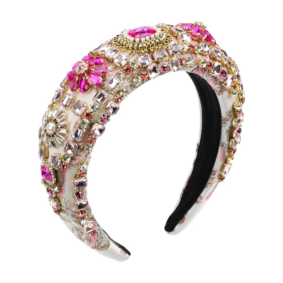 Luxury Baroque Big Wide Crystal Headband for Women Pearl Rhinestone Bead Decorative Hairband Jeweled Head Hoop Party Accessories (HDDY1077-pink)