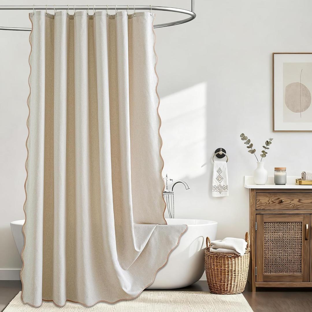 Beige Scalloped Shower Curtain Linen Textured Boho Farmhouse with 12 Metal Hooks Cute Heavy Duty Washable Waterproof Neutral Thick Cloth Shower Curtains for Bathroom Hotel Bathtub, W72xL72