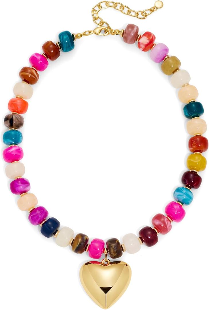 Gold Heart Pendant Necklaces for Women Colorful Acrylic Resin Beaded Choker Necklace Fashion Chunky Statement Beaded Heart Necklace