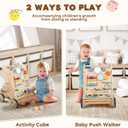LOL-FUN Wooden Baby Walker with Detachable Busy Board, Push Walker for Baby with Adjustable Speed Wheels, Activity Learning Walker for Boys Girls 12 Months