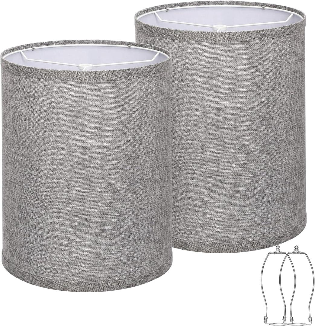 Tall Drum Lamp Shades Set of 2, Gray Lampshade for Table Lamp Floor Lamp, 10"Top x10" Bottom x 13"High, Replacement Lampshades Natural Linen Handcrafted, Spider, Harp Holders Included, Easy Assembly