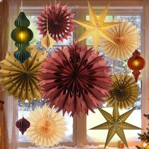 Christmas Hanging Decorations Set, 3D Paper Star Lanterns with Lights Paper Honeycomb Ornaments Snowflake Fans Decorative Hanging Ornamnets for Xmas Tree Frozen Winter Wonderland Holiday Party Decor (Coloful)