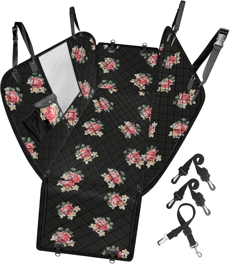 Femuar Dog Car Seat Cover, Waterproof Nonslip Pet Seat Cover for Back Seat with Storage Pockets Mesh Visual Window, Heavy Duty Scratchproof Pet Dog Seat Cover Hammock for Cars Trucks and SUVs (Floral)