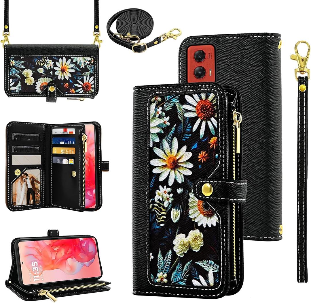 Floral Wallet Case for Motorola Moto G Stylus 5G 2024 with Wrist Strap Shoulder Strap Flip Zipper Purse, Luxury PU Leather Credit ID Card Holder Stand Accessories Phone Cover for G5 Women Black