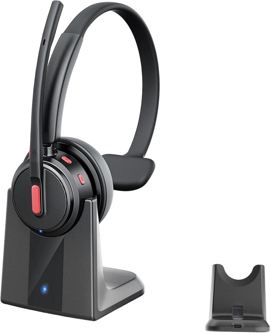 Angteela Bluetooth Headset with Noise Cancelling Microphone Wireless Headset with Charging Base, USB dongle, and one-Key Mute for Home Office, Call Center, and Trucker use