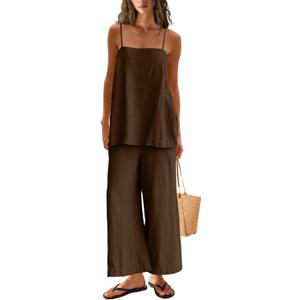 Womens Two Piece Sets Summer Spaghetti Strap Tank Top Wide Leg Pants Lounge Sets Travel Beach Vacation Outfits Summer (Brown, S)