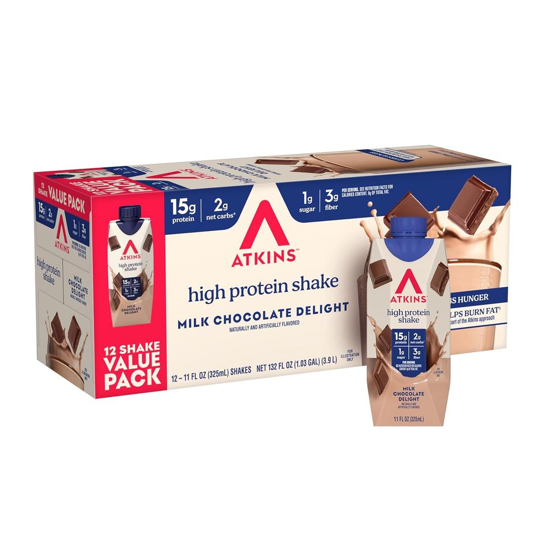 Atkins Milk Chocolate Delight High Protein Shake, 15g Protein, 2g Net Carb, 1g Sugar, Keto Friendly, Chocolate Flavored Protein Shakes, 12 Count,BBD 12/04/2026