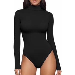 Womens Long Sleeve Body Suits Mock Turtleneck Thong Bodysuits Shirts Trendy Fall Going Out Tops Y2K 2025 (Medium)