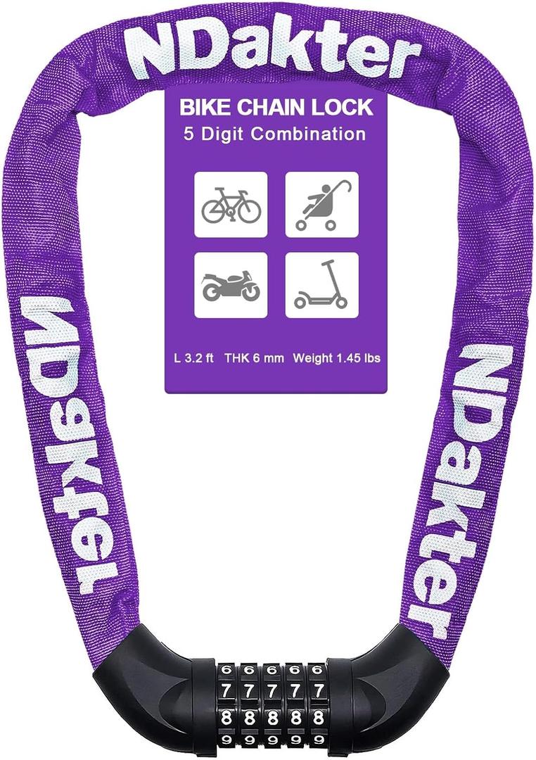 NDakter Bike Lock, 5 Digit Combination Heavy Duty Anti Theft Bicycle Chain Lock, 2.62/3.2/4.27/5/6Ft Long, High Security Resettable, Suitable for Bike, Scooter, Door, Gate, Fence-4/6mm Thick (Purple)