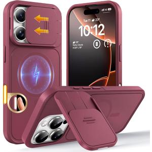 TOCOL for iPhone 16 Pro Case with Slide Camera Cover, Kickstand and Camera Control Button, Fit for MagSafe, Rugged Solid Phone Case, Non-Slip, Drop Protection, Wine