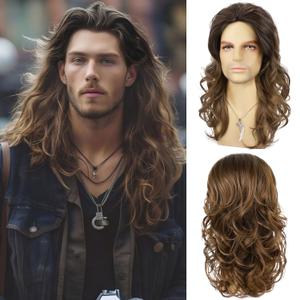 Mens Brown Wig Long Curly Wavy Hair Wigs Natural Look Heat Resistant Synthetic Retro Male Wigs for Daily Party Costume Cospaly Halloween Wig or FunOmbre Light Brown