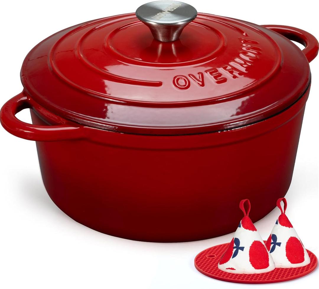 Overmont Enameled Cast Iron Dutch Oven - 7QT Pot with Lid Cookbook & Cotton Potholders - Heavy-Duty Cookware for Braising, Stews, Roasting, Sourdough Baking Red