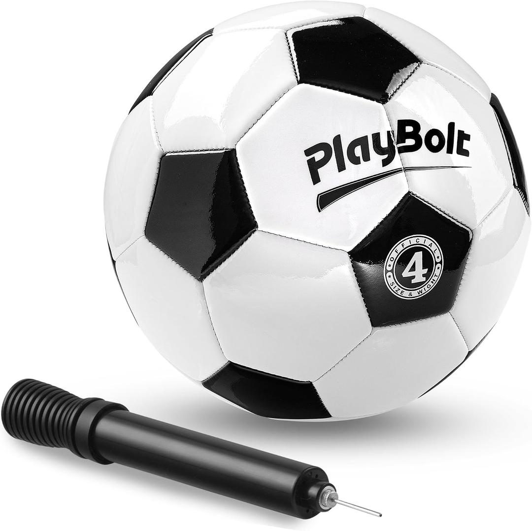 PlayBolt Soccer Ball Size 4 with Pump - Black & White Training Practice & Match Ball for Kids, Youth and Adults (Pack of 1 or 4)