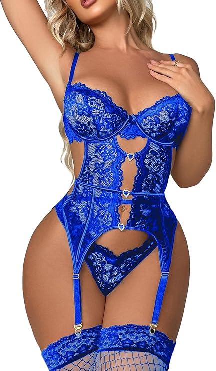 Avidlove Sexy Garter Lingerie Set for Women Lace Bodysuit Cut Out Rhinestone Underwire Teddy with Panty (No Stockings) (XX-Large, Black)