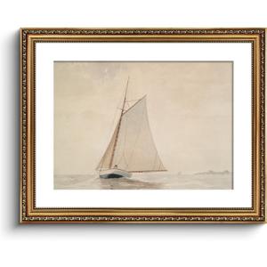 VIYYIEA Gold Framed Wall Art Canvas Print Home Decor for Living Room White Sailboat Seascape Watercolor Vintage Beach Painting on Canvas - Coastal Wall Art Prints for Bedroom Office Bathroom 16x20in