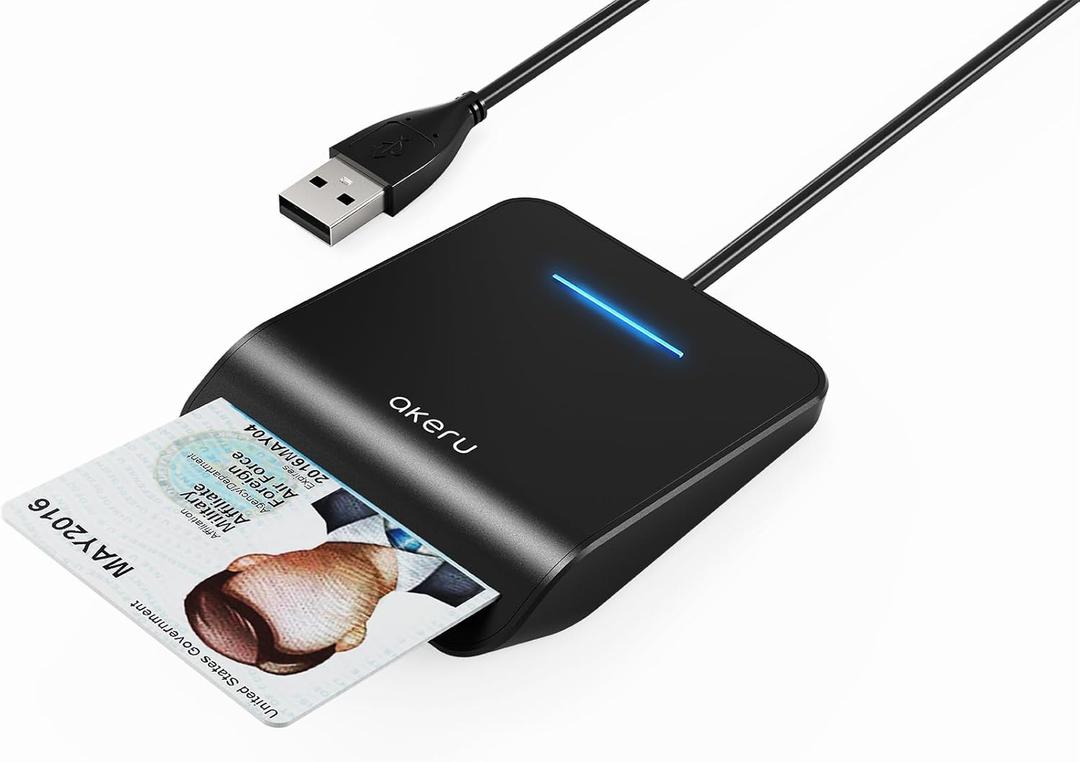 AKERU CAC Card Reader with LED Indicator, DOD Military Common Access, (5 feet Long Cable). Universal Compatibility, Compact PIV Smart Card Reader Compatible with Windows, Mac OS Black [EAL-20]