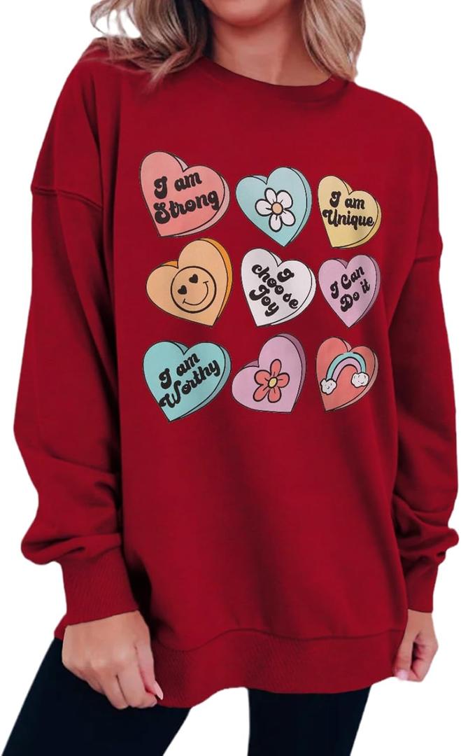 IZYJOY Women Valentine's Day Sweatshirt Teacher Positive Affirmations Heart Pullover Top Candy Hearts Graphic Crewneck Shirts (Red, M)