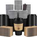 Clawsoff 100 Pack 16 oz Coffee Cups with Lids, Disposable To Go Paper Coffee Cups with Sleeves and Stirring Sticks for Hot/Cold Drinks Office Home Shop Event (Black)